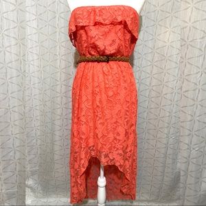 Coral Strapless Lace High-Low Belted Sundress